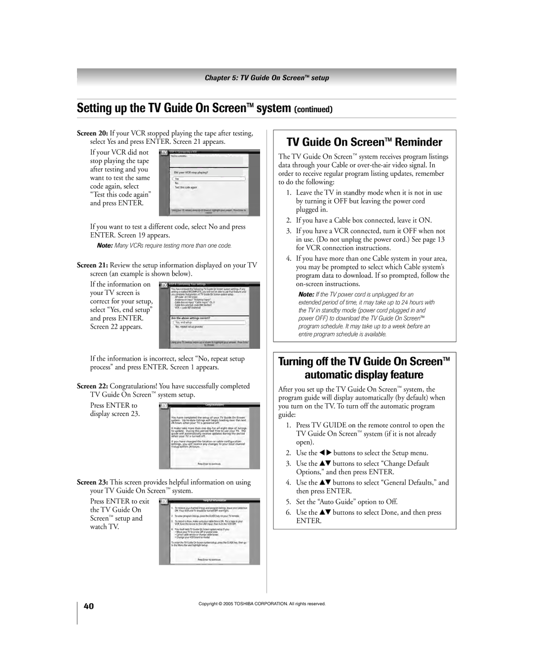 Toshiba 56HM195 owner manual TV Guide On Screenª Reminder, After testing and you 