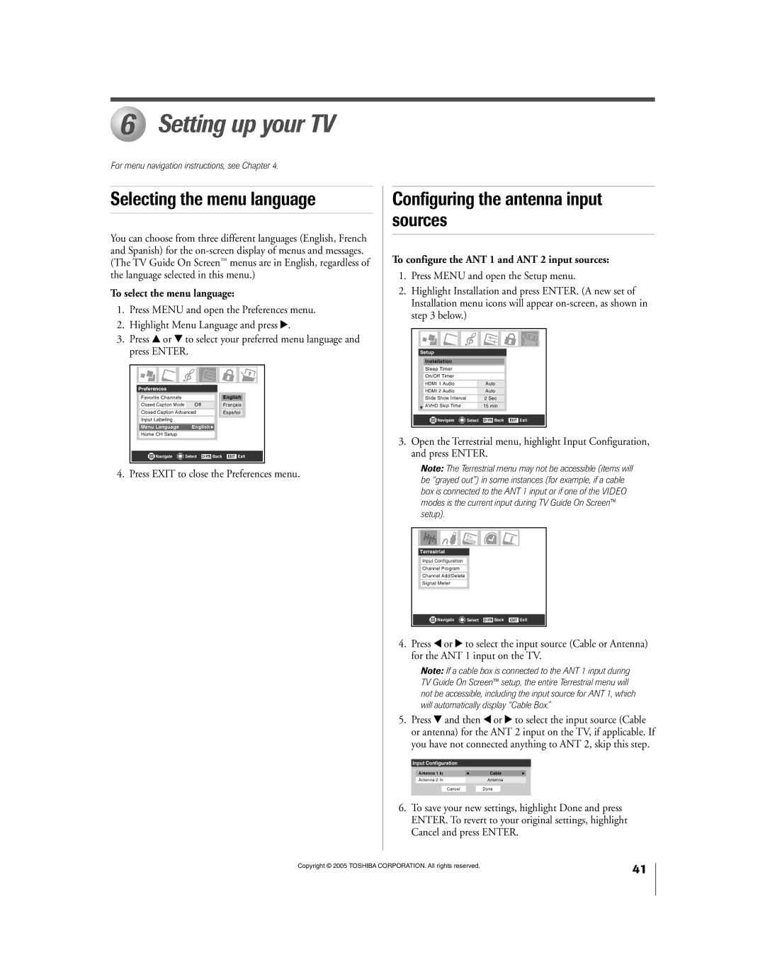 Toshiba 56HM195 owner manual Setting up your TV, Selecting the menu language, Configuring the antenna input sources 