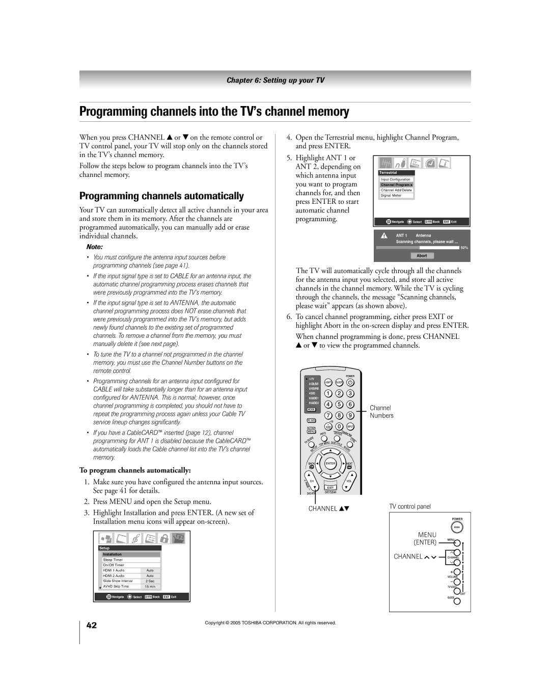 Toshiba 56HM195 owner manual Programming channels into the TVÕs channel memory, Programming channels automatically 