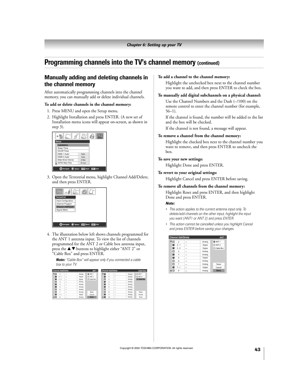 Toshiba 56HM195 owner manual Manually adding and deleting channels in the channel memory 