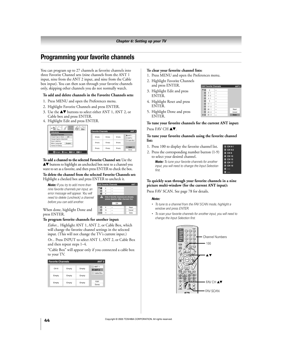 Toshiba 56HM195 owner manual Programming your favorite channels 