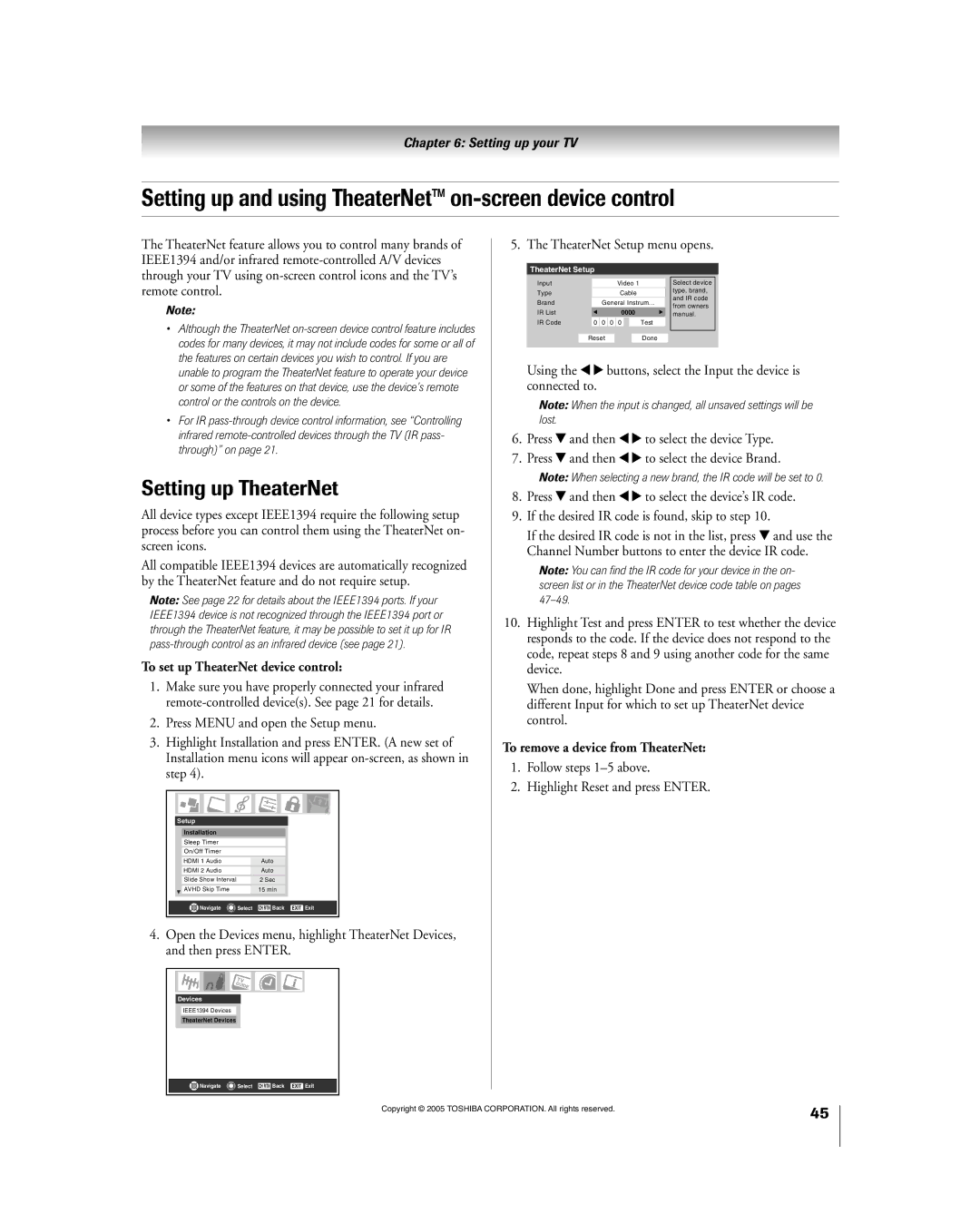 Toshiba 56HM195 owner manual Setting up and using TheaterNetª on-screen device control, Setting up TheaterNet 