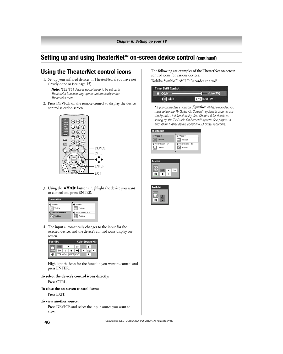 Toshiba 56HM195 Using the TheaterNet control icons, To select the deviceÕs control icons directly, To view another source 