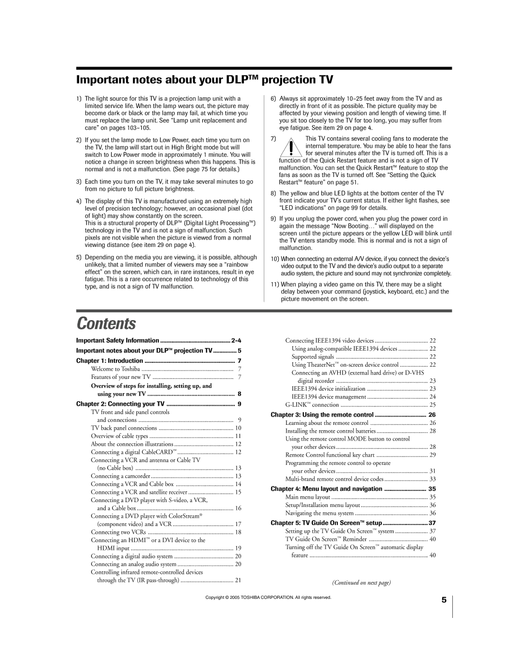 Toshiba 56HM195 owner manual Contents 