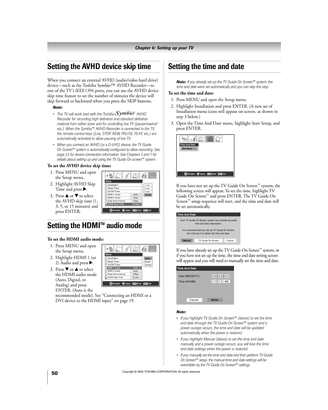 Toshiba 56HM195 owner manual Setting the time and date, Setting the HDMIª audio mode, To set the Avhd device skip time 