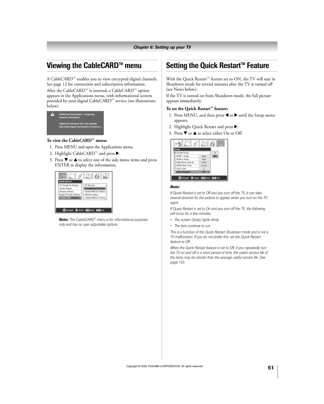 Toshiba 56HM195 owner manual Viewing the CableCARDª menu, Setting the Quick Restartª Feature, To view the CableCARDª menu 