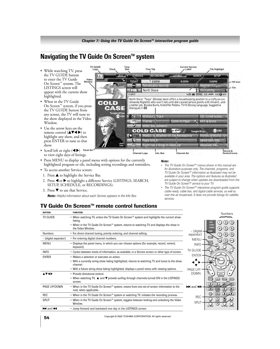 Toshiba 56HM195 owner manual Navigating the TV Guide On Screenª system, TV Guide On Screenª remote control functions 