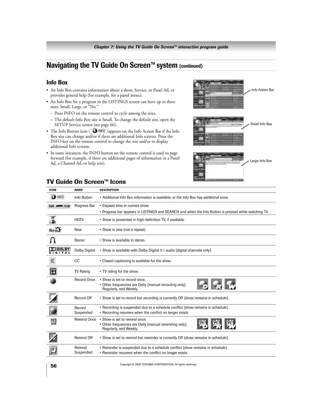 Toshiba 56HM195 owner manual TV Guide On Screenª Icons, Info Action Bar Small Info Box Large Info Box 