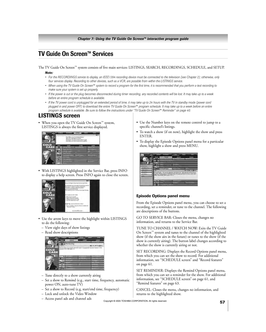 Toshiba 56HM195 owner manual TV Guide On Screenª Services, Listings screen, Episode Options panel menu 