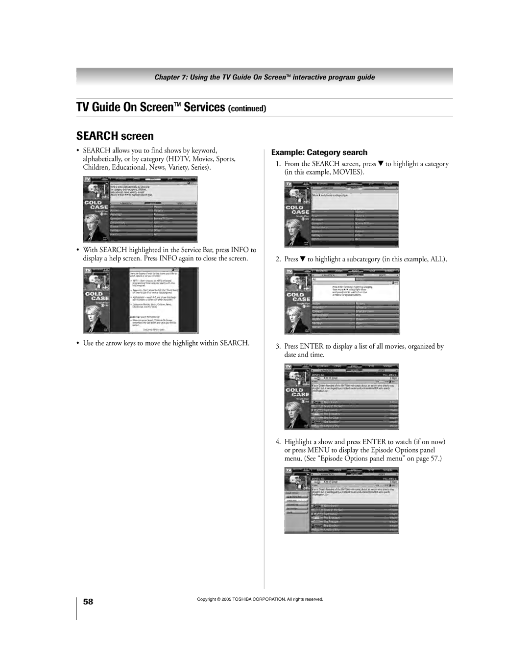 Toshiba 56HM195 owner manual Search screen, Example Category search 