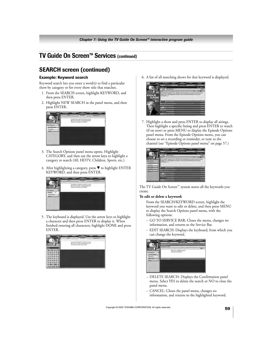 Toshiba 56HM195 owner manual Example Keyword search, List of all matching shows for that keyword is displayed 