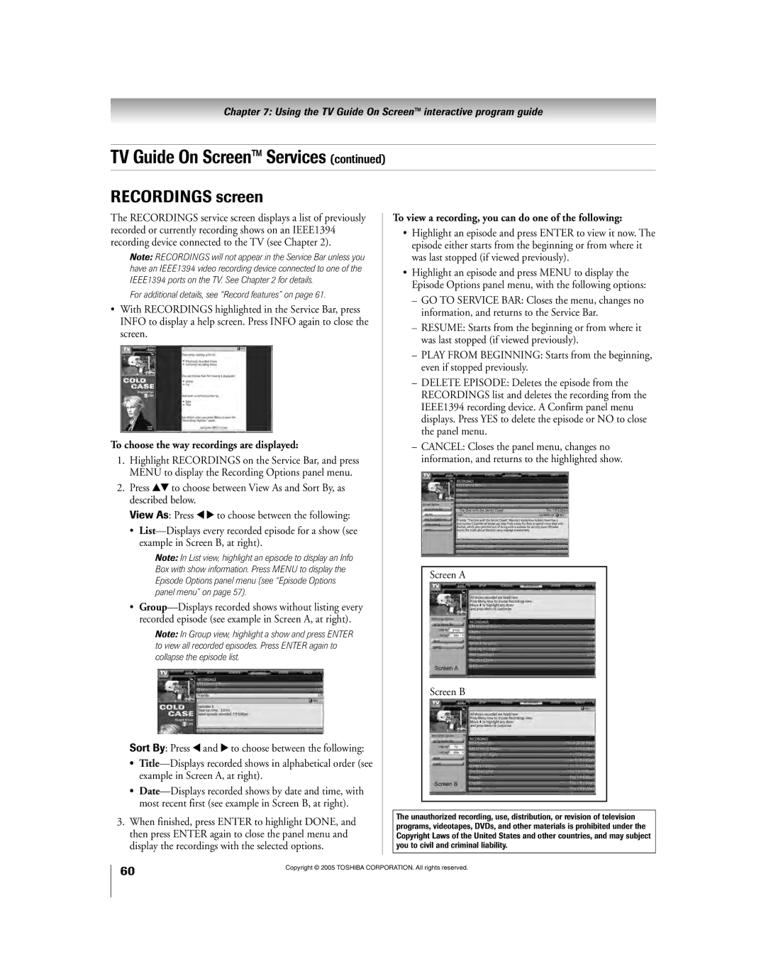 Toshiba 56HM195 owner manual Recordings screen, To choose the way recordings are displayed, Screen a Screen B 