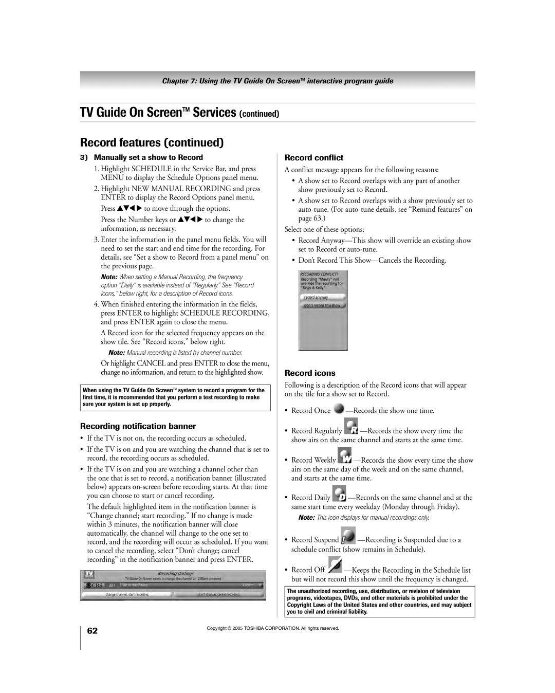 Toshiba 56HM195 owner manual Recording notification banner, Record conflict, Record icons, Manually set a show to Record 