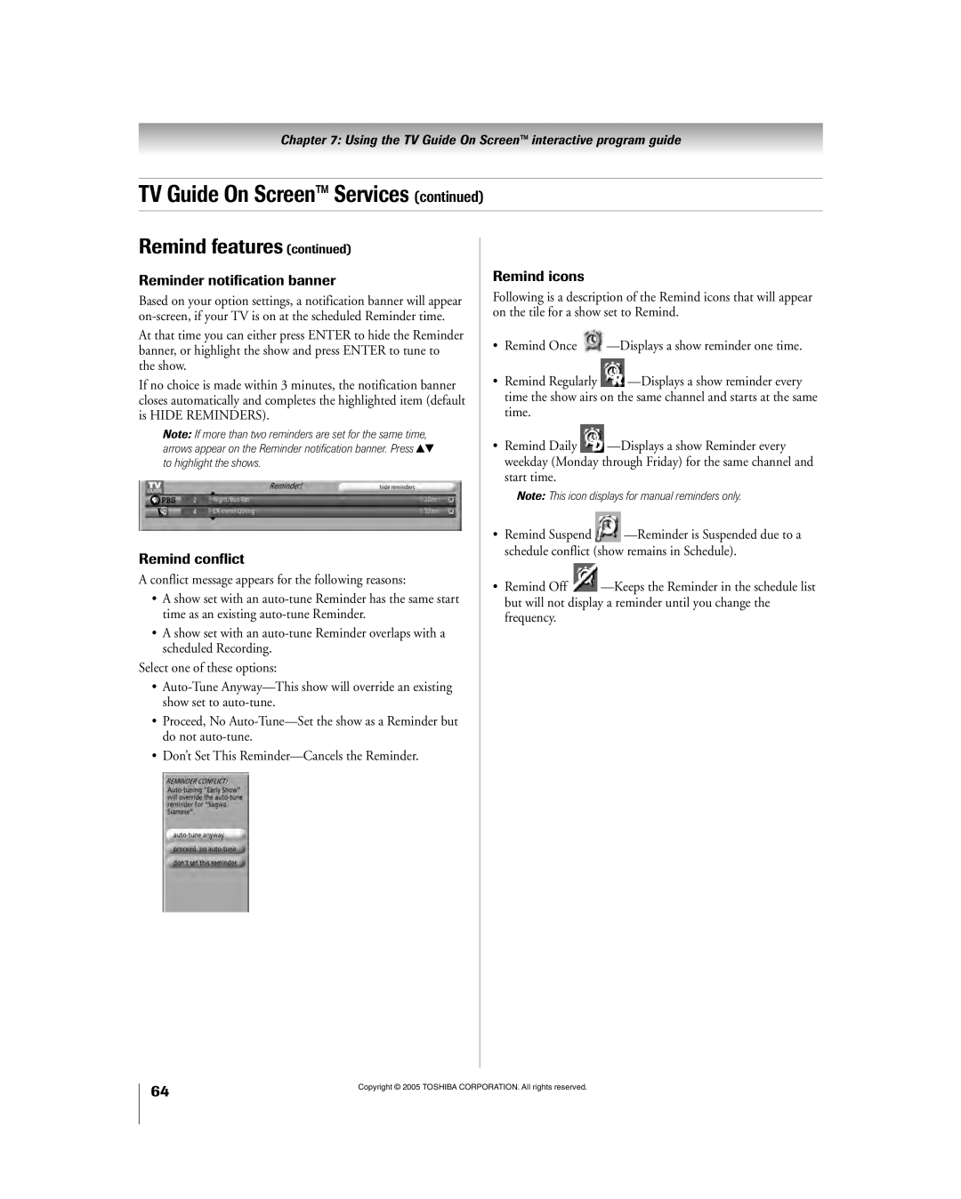 Toshiba 56HM195 owner manual Reminder notification banner, Remind conflict, Remind icons 