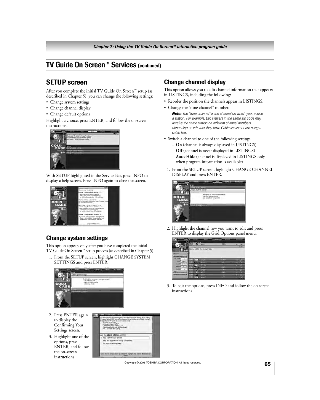 Toshiba 56HM195 owner manual Setup screen, Change system settings, Change channel display 