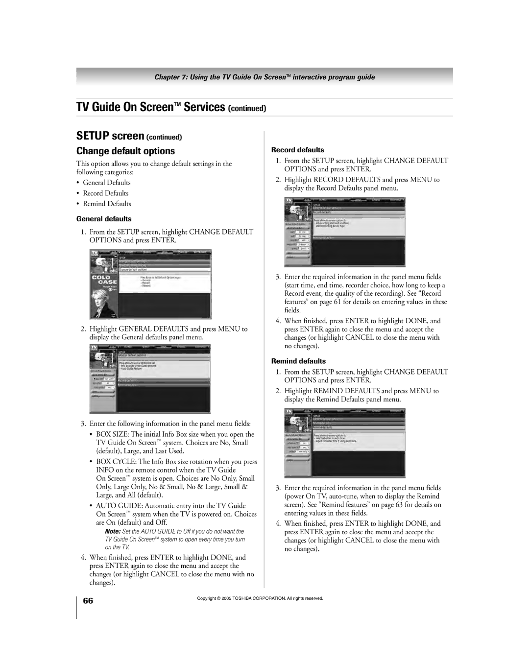 Toshiba 56HM195 owner manual Change default options, General defaults, Record defaults, Remind defaults 