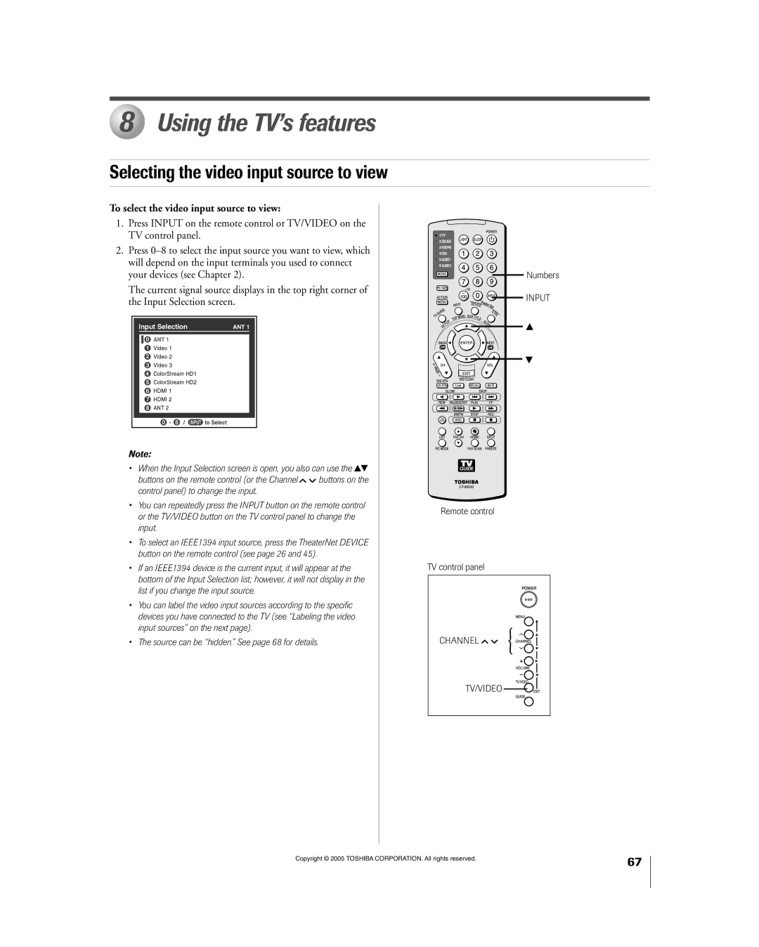 Toshiba 56HM195 owner manual Using the TV’s features, Selecting the video input source to view 