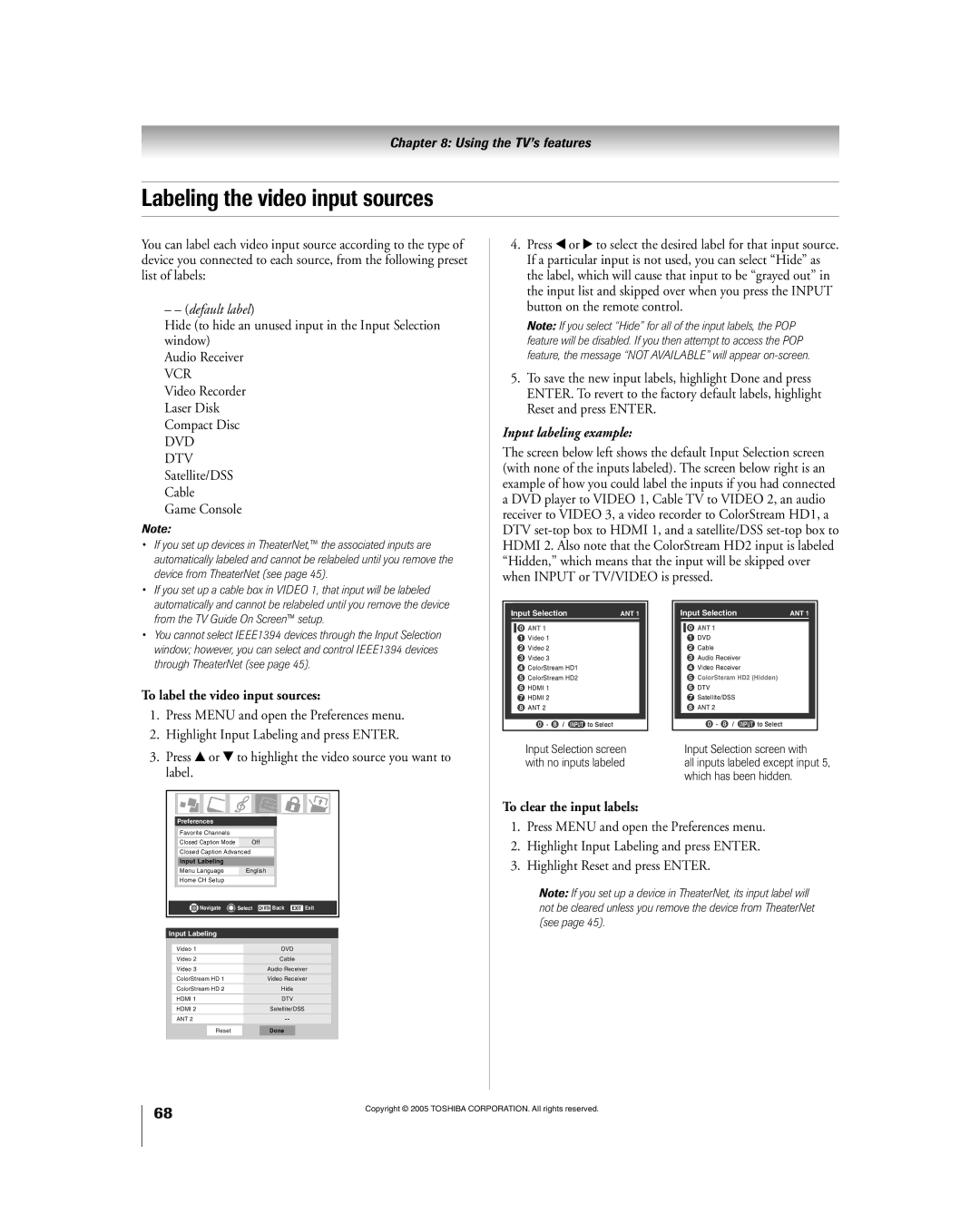 Toshiba 56HM195 Labeling the video input sources, DTV Satellite/DSS Cable Game Console, To label the video input sources 