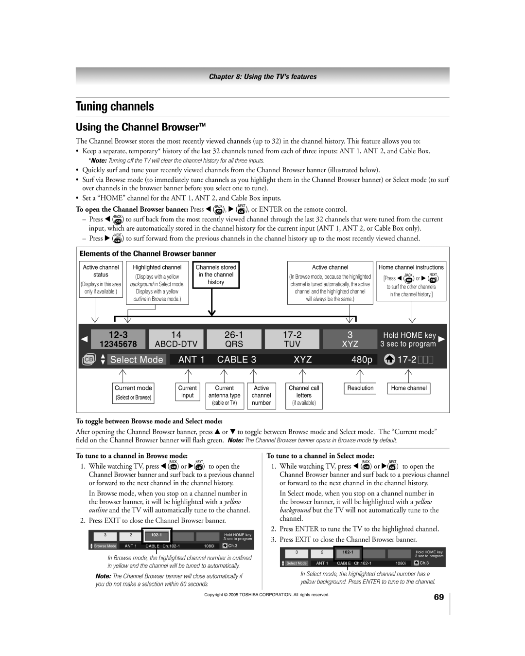 Toshiba 56HM195 owner manual Tuning channels, Using the Channel Browserª, To toggle between Browse mode and Select mode 