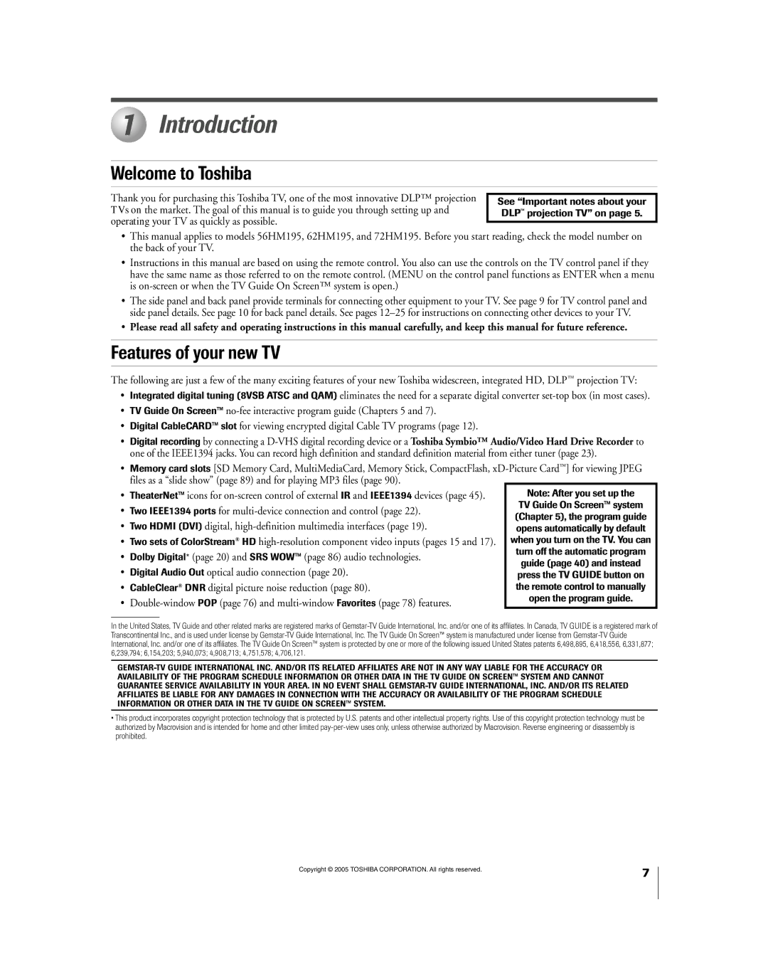 Toshiba 56HM195 owner manual Introduction, Welcome to Toshiba, Features of your new TV 