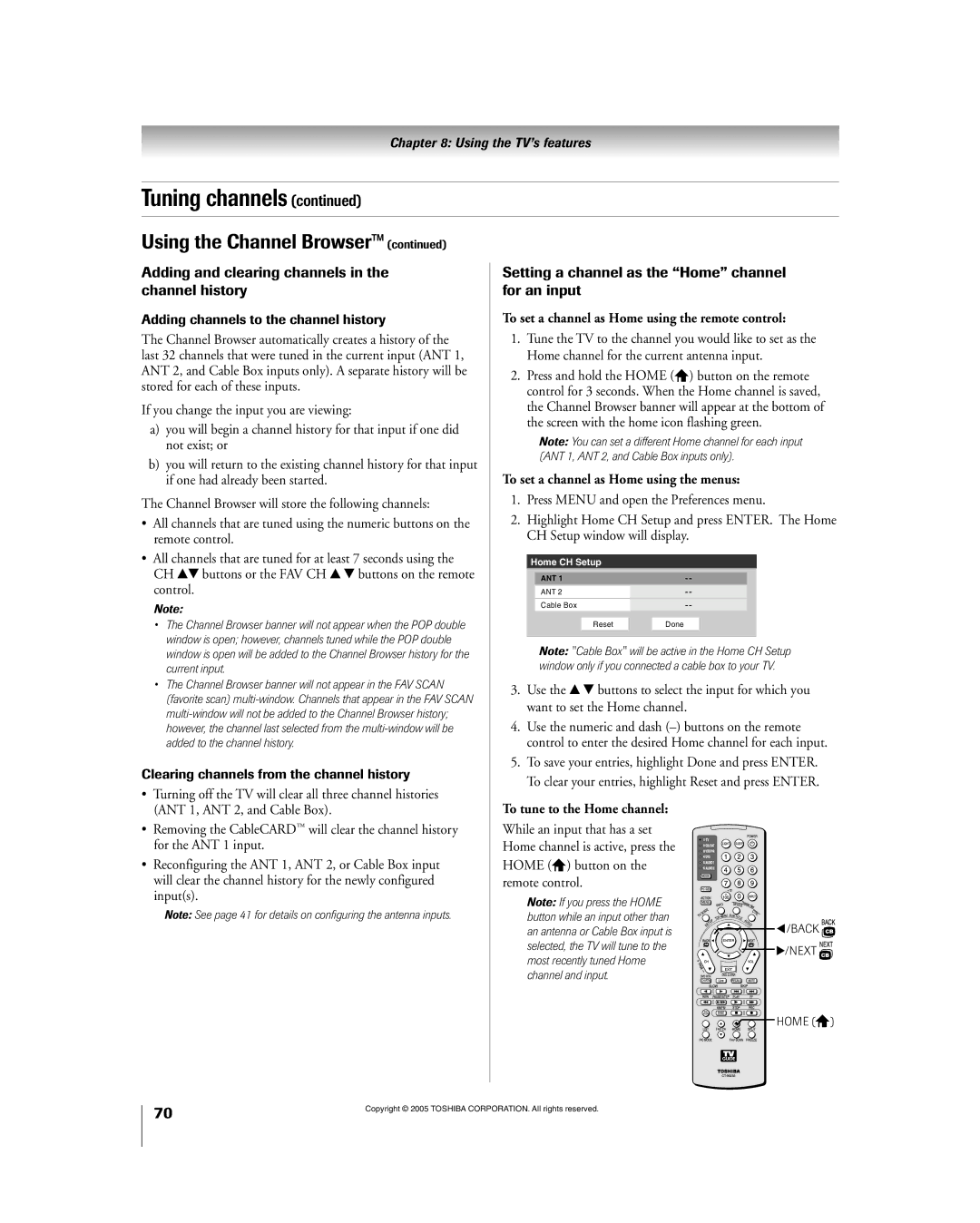 Toshiba 56HM195 Adding and clearing channels in the channel history, Setting a channel as the ÒHomeÓ channel for an input 