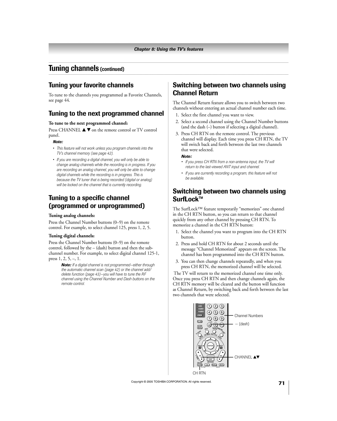 Toshiba 56HM195 owner manual Tuning your favorite channels, Tuning to the next programmed channel 