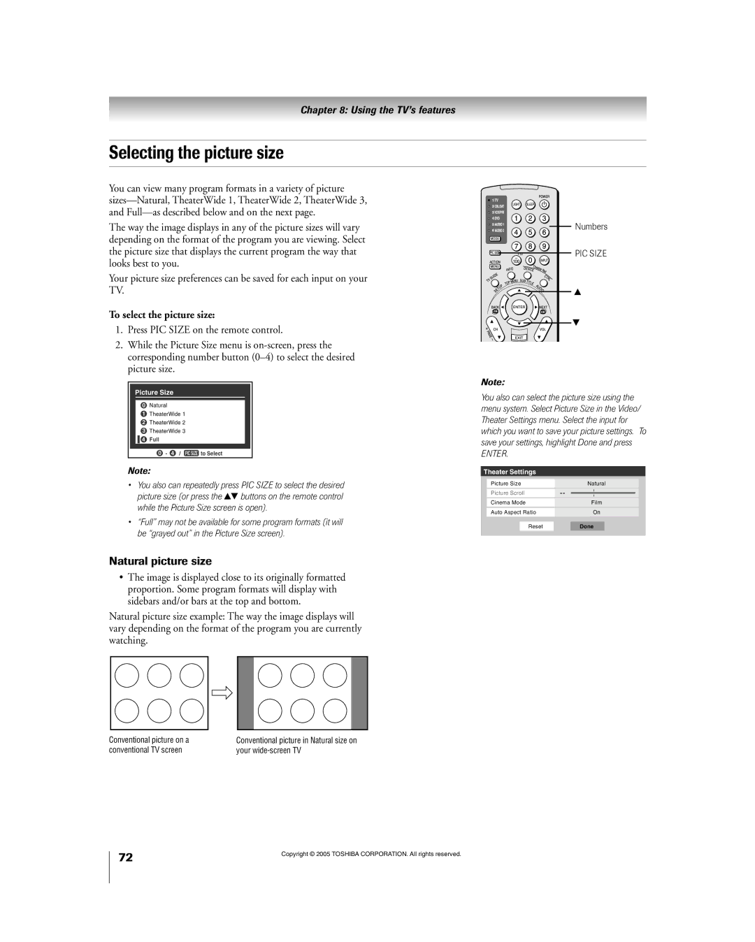 Toshiba 56HM195 owner manual Selecting the picture size, Natural picture size, To select the picture size 