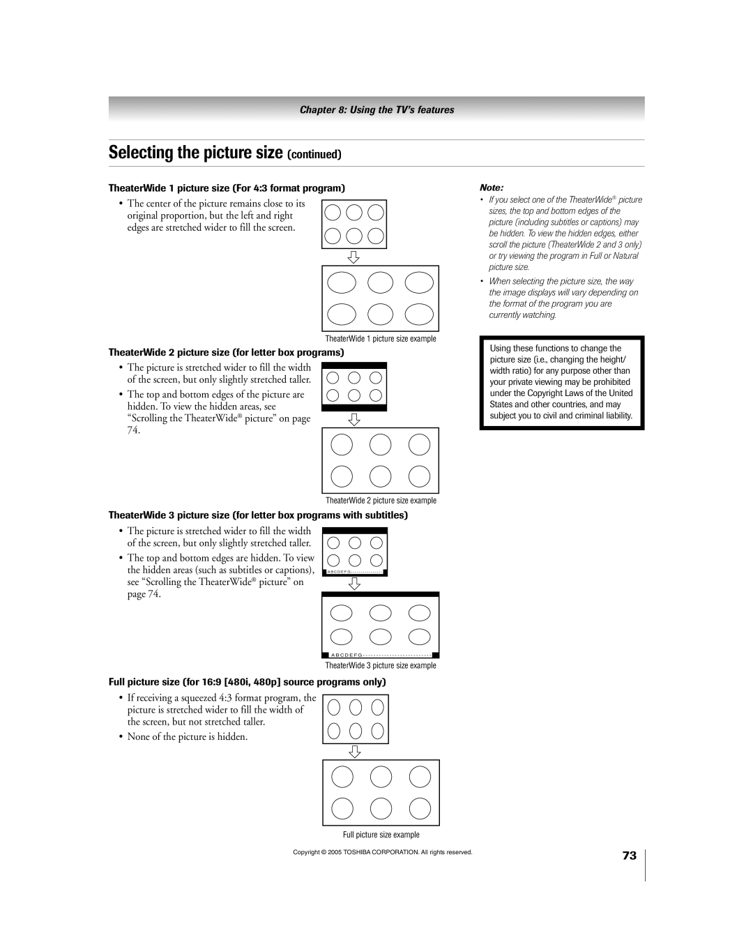 Toshiba 56HM195 owner manual Scrolling the TheaterWide picture on, None of the picture is hidden 