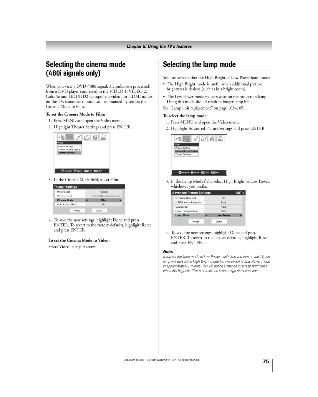 Toshiba 56HM195 owner manual Selecting the lamp mode, To set the Cinema Mode to Film, To set the Cinema Mode to Video 