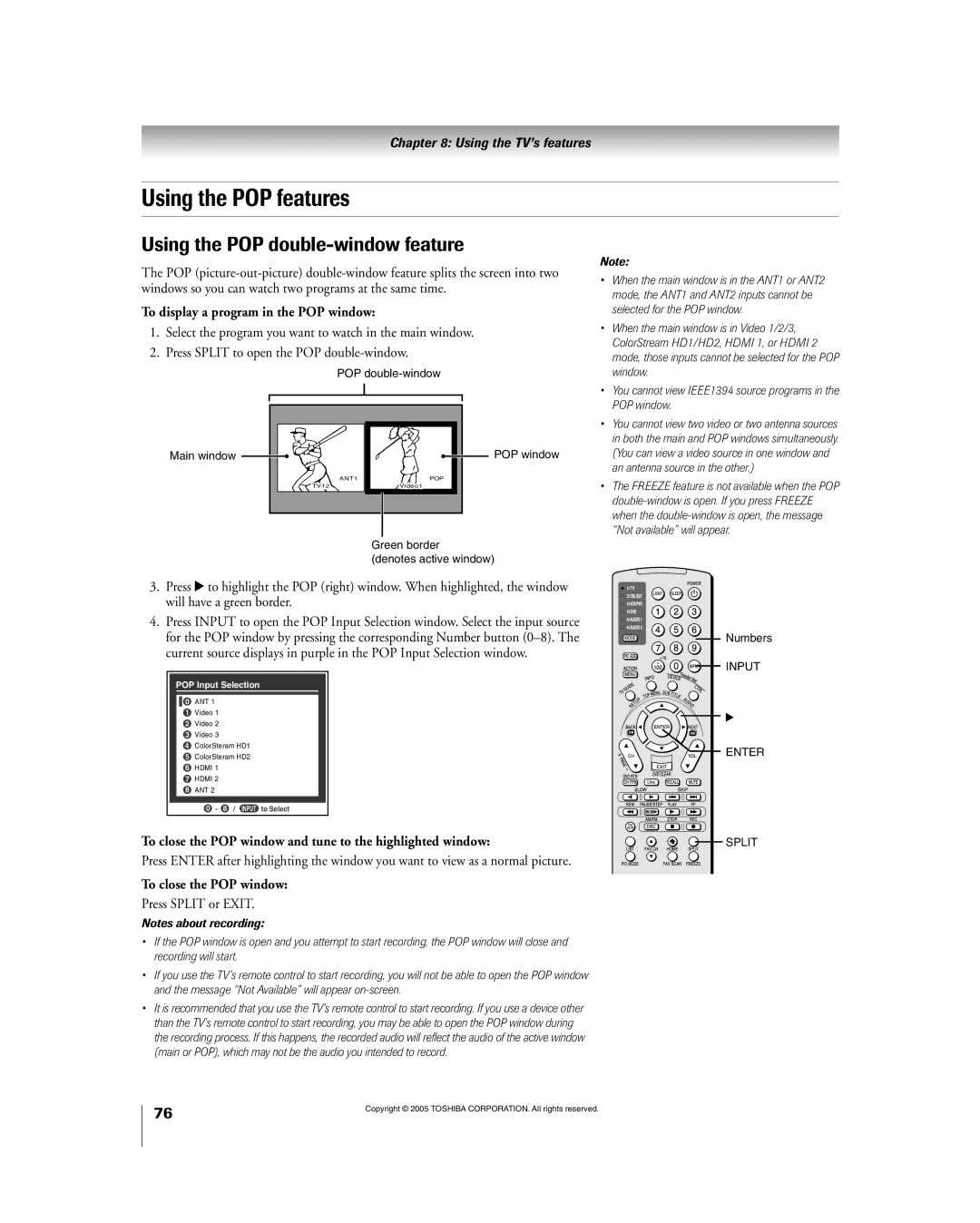 Toshiba 56HM195 Using the POP features, Using the POP double-window feature, To display a program in the POP window 