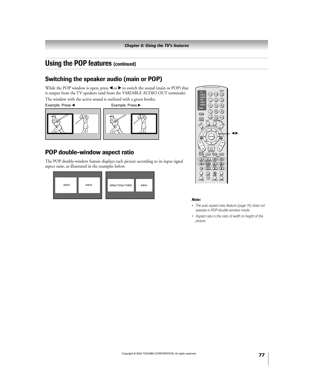 Toshiba 56HM195 owner manual Switching the speaker audio main or POP, POP double-window aspect ratio 