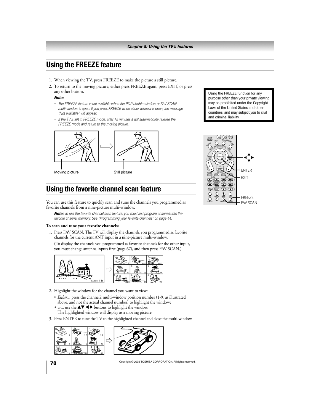 Toshiba 56HM195 Using the Freeze feature, Using the favorite channel scan feature, To scan and tune your favorite channels 