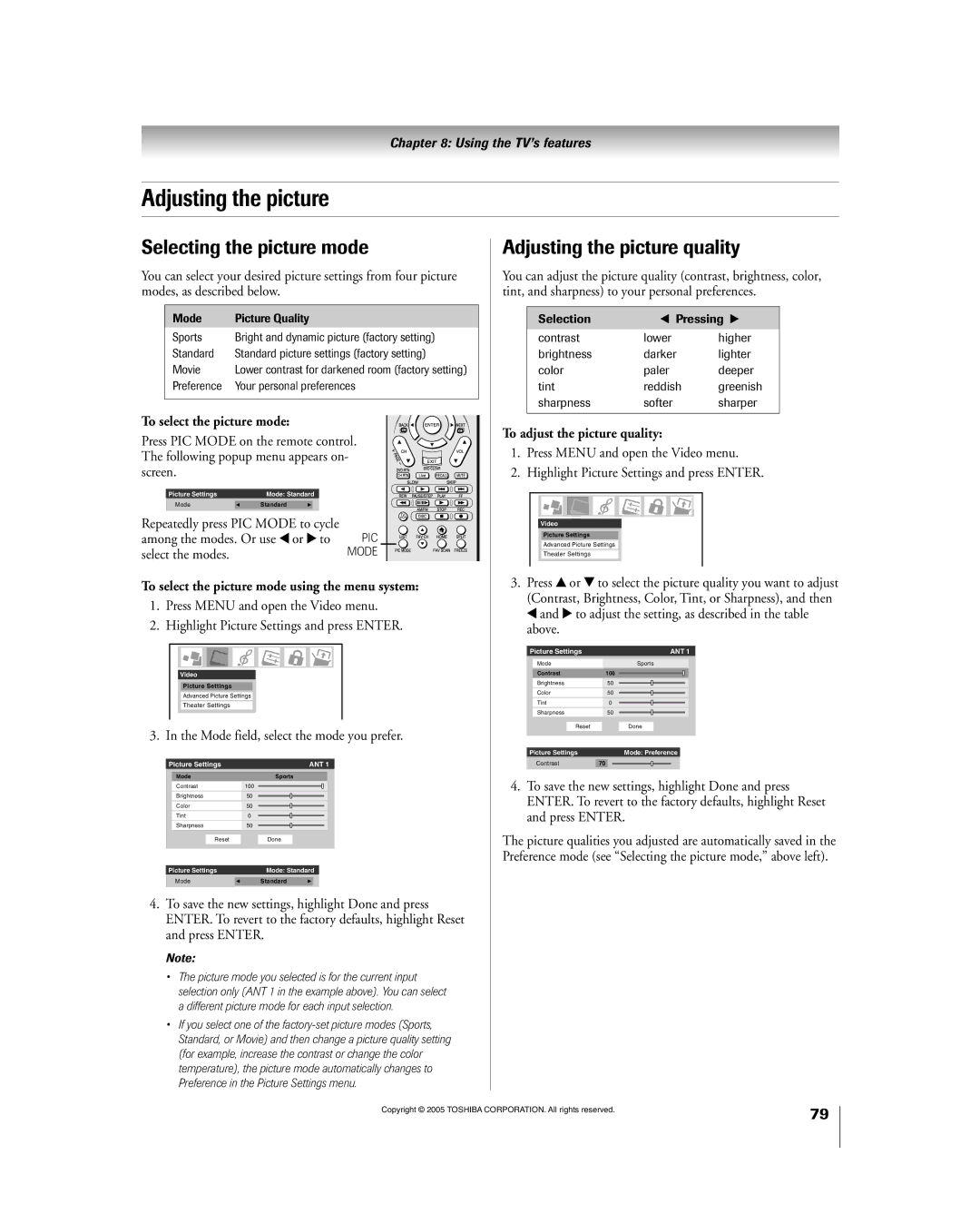 Toshiba 56HM195 owner manual Selecting the picture mode, Adjusting the picture quality 