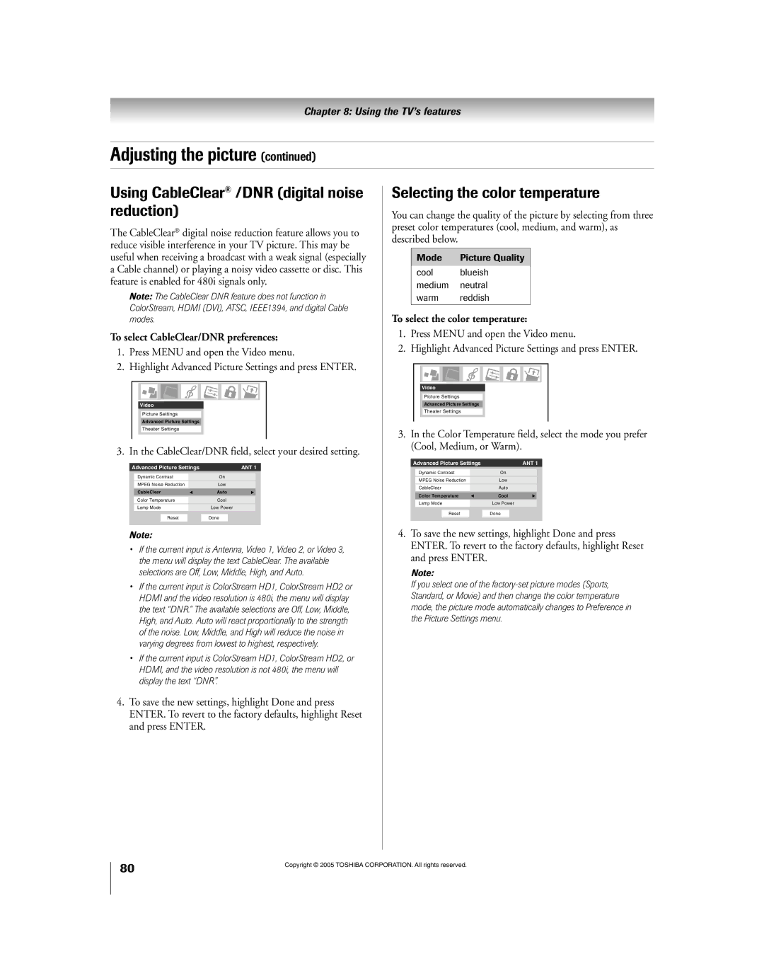 Toshiba 56HM195 owner manual Using CableClear¨ /DNR digital noise reduction, Selecting the color temperature 