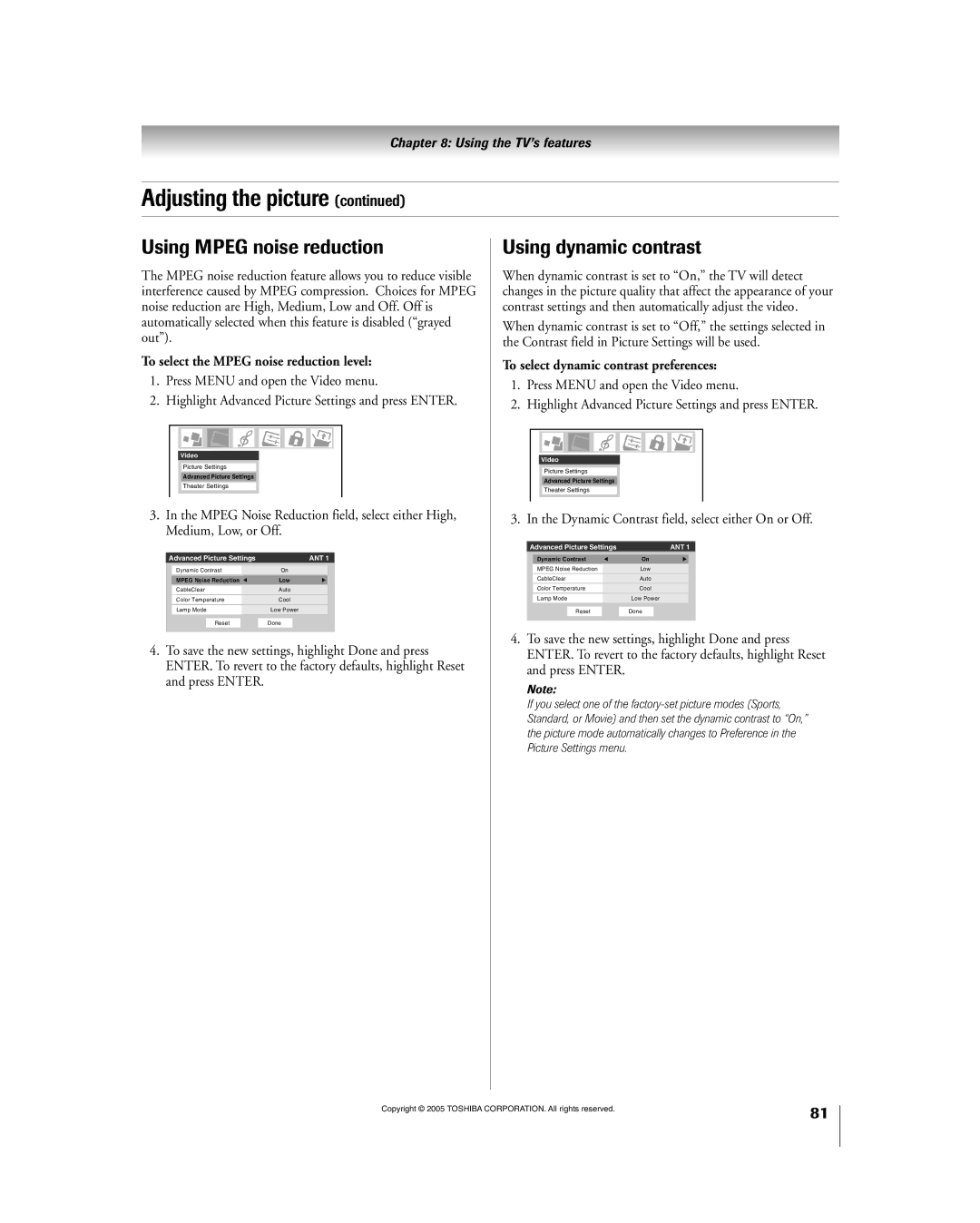 Toshiba 56HM195 owner manual Using Mpeg noise reduction, Using dynamic contrast, To select the Mpeg noise reduction level 