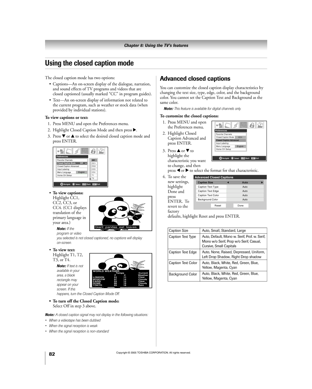 Toshiba 56HM195 owner manual Using the closed caption mode, Advanced closed captions, To view captions or text 