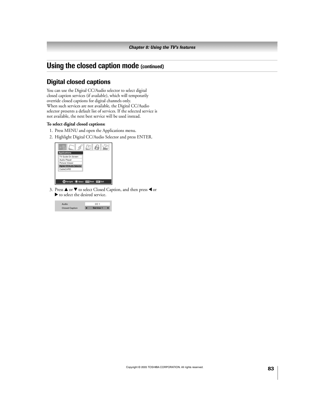 Toshiba 56HM195 owner manual Digital closed captions, To select digital closed captions 