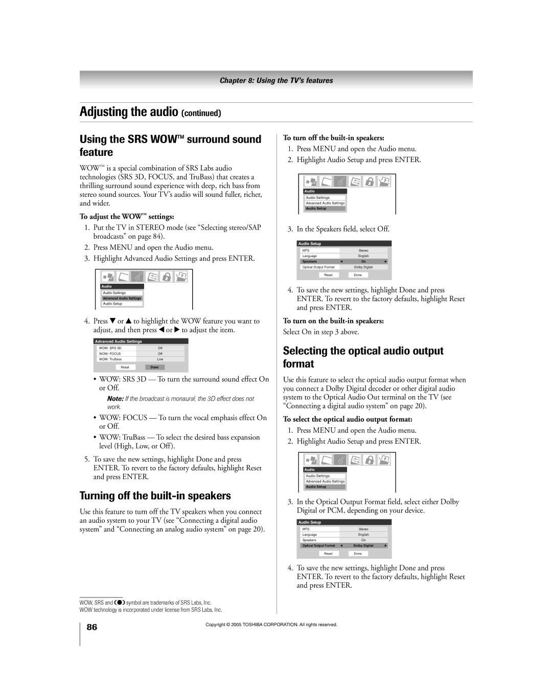 Toshiba 56HM195 owner manual Using the SRS WOWª surround sound feature, Turning off the built-in speakers 