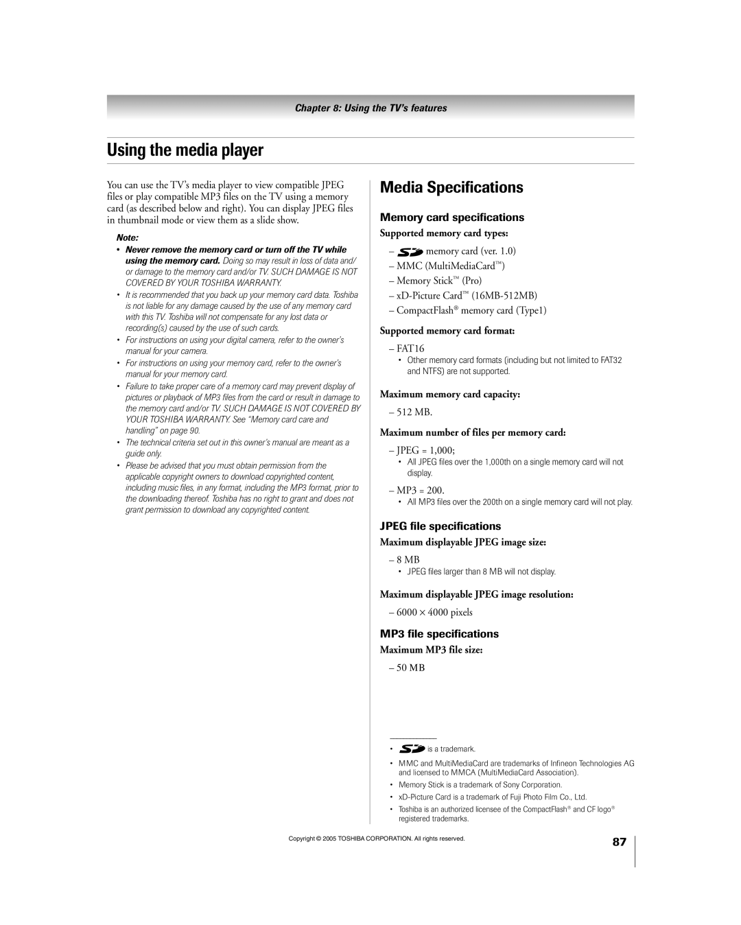 Toshiba 56HM195 Using the media player, Media Specifications, Memory card specifications, Jpeg file specifications 