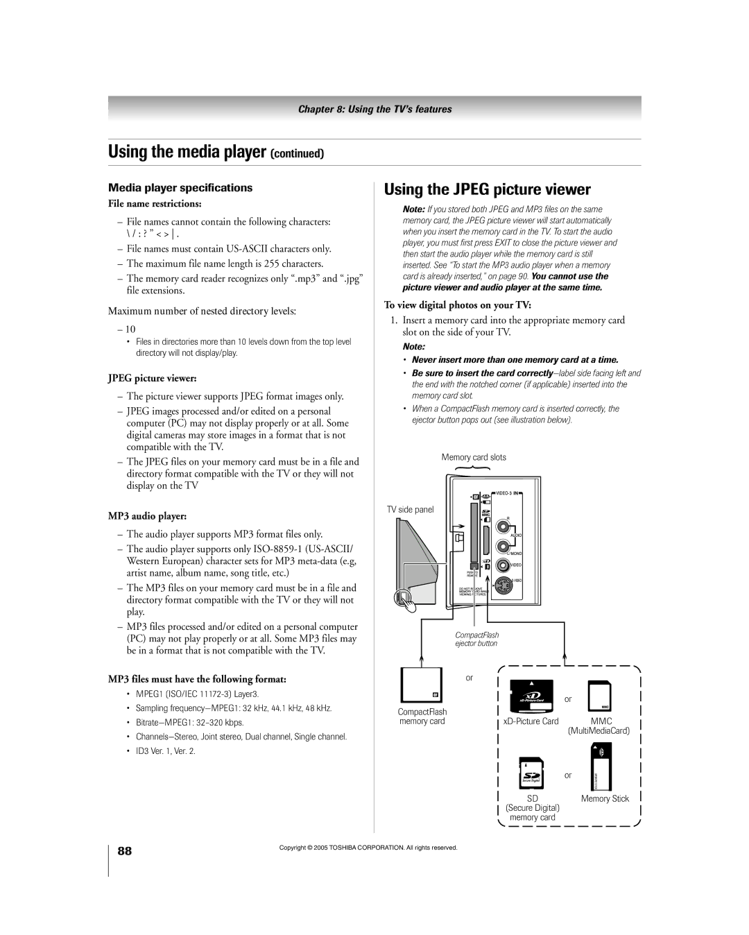 Toshiba 56HM195 owner manual Using the Jpeg picture viewer, Media player specifications 