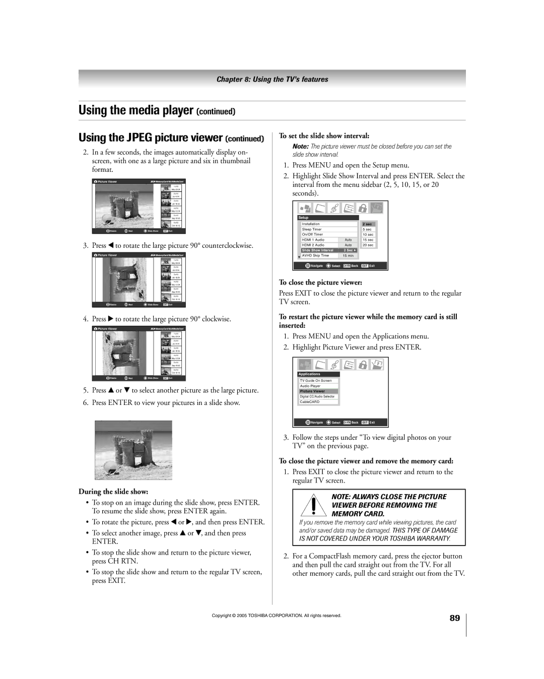 Toshiba 56HM195 owner manual Using the Jpeg picture viewer, During the slide show, To set the slide show interval 