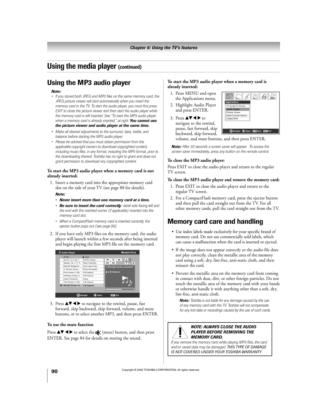 Toshiba 56HM195 owner manual Using the MP3 audio player, Memory card care and handling, To use the mute function 