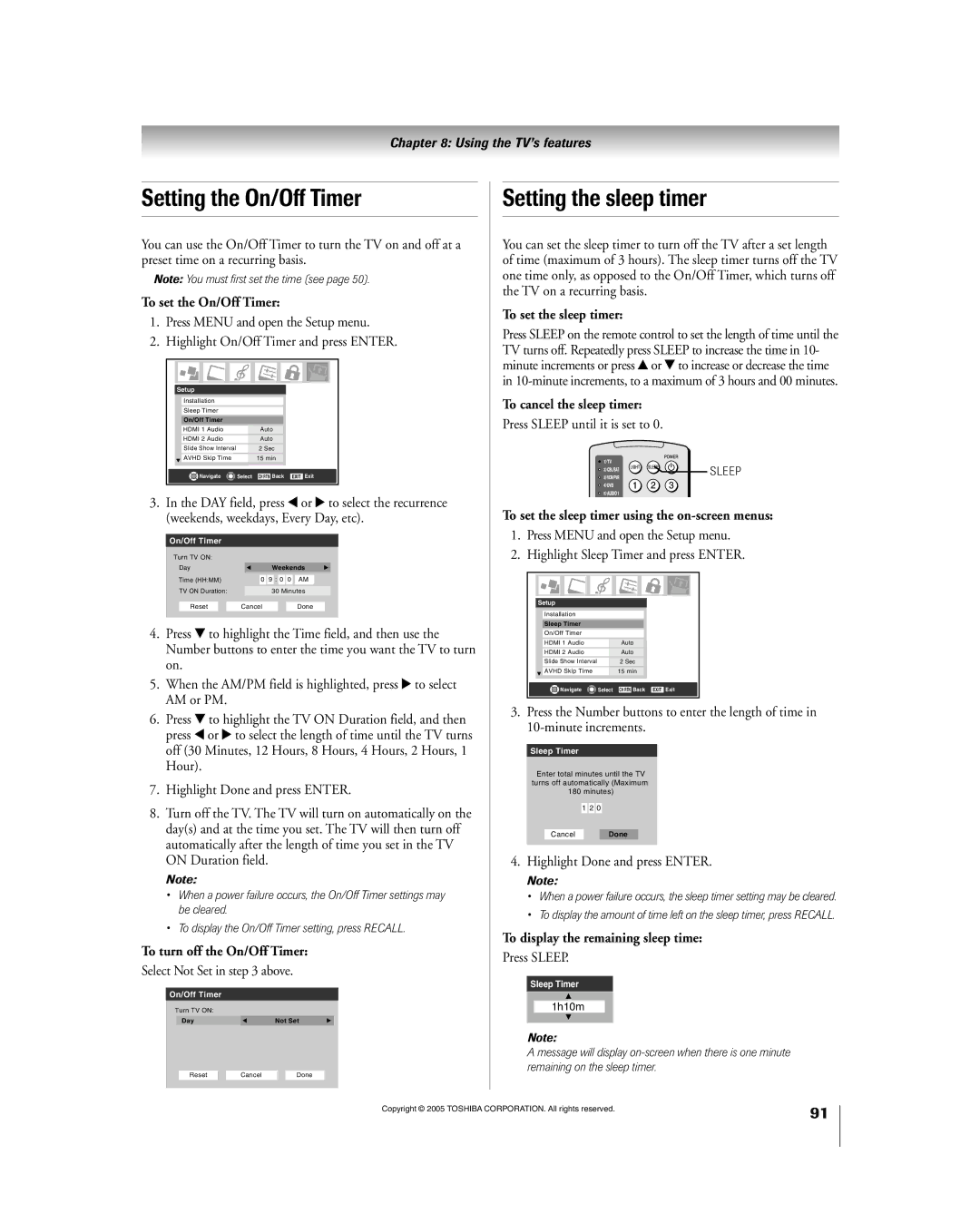 Toshiba 56HM195 owner manual Setting the On/Off Timer, Setting the sleep timer 