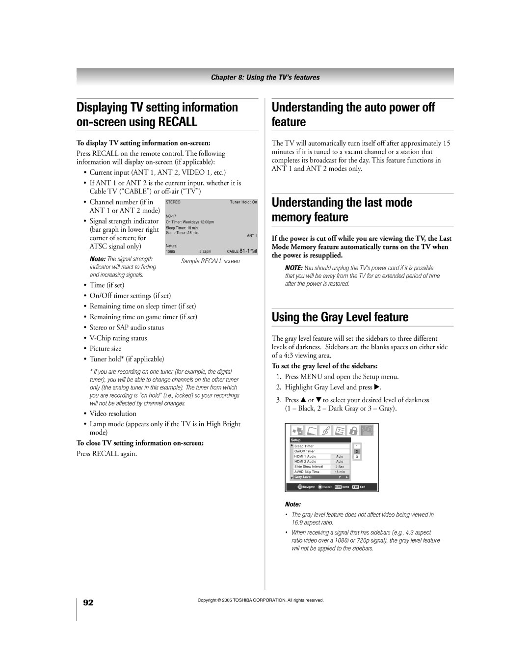 Toshiba 56HM195 owner manual Understanding the auto power off feature, Understanding the last mode memory feature 