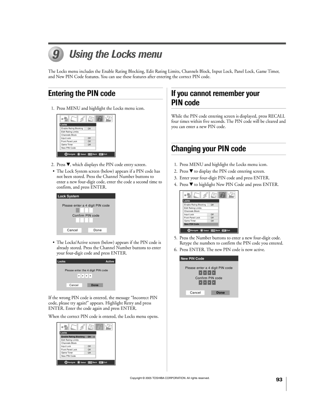 Toshiba 56HM195 Using the Locks menu, Entering the PIN code, If you cannot remember your PIN code, Changing your PIN code 