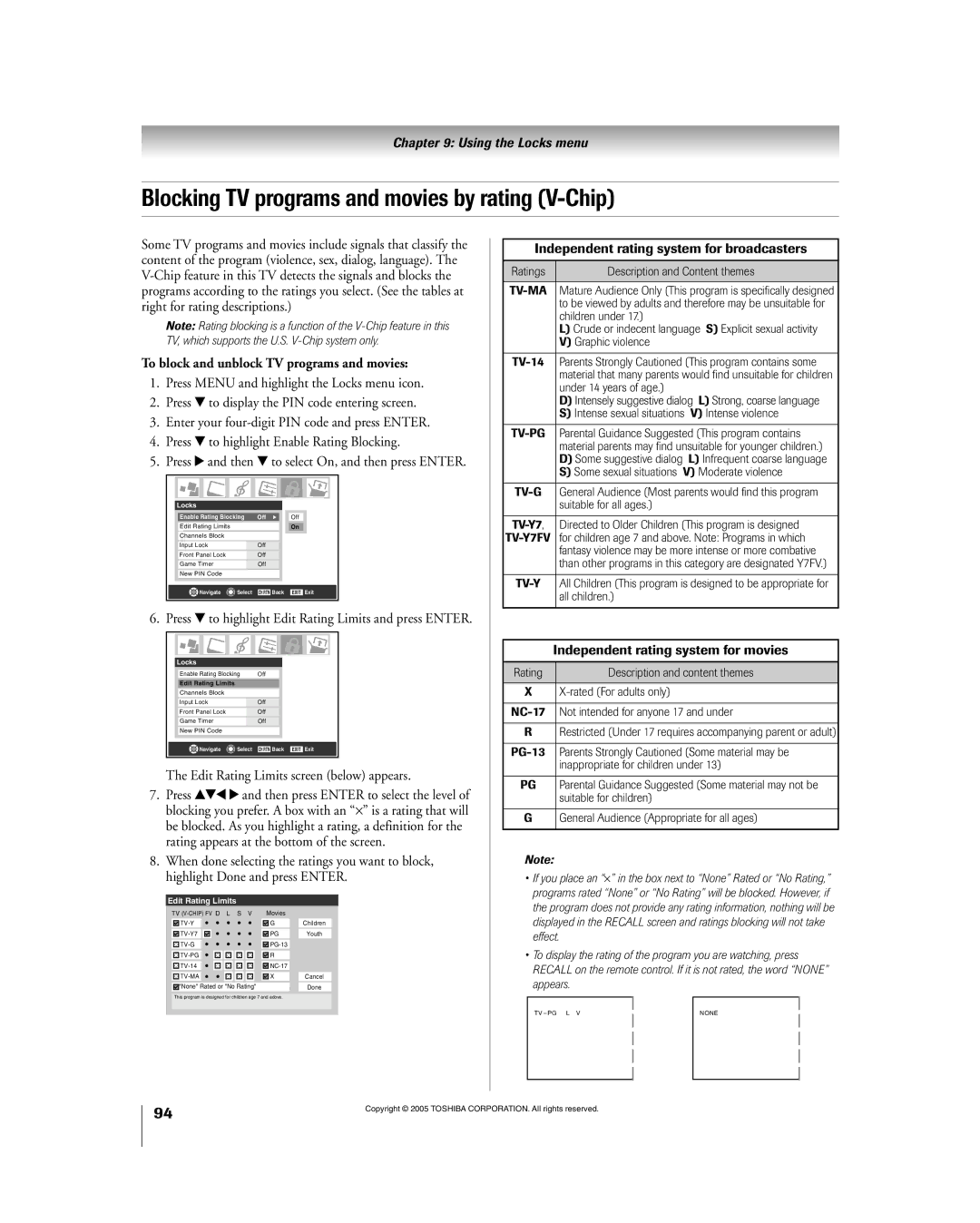 Toshiba 56HM195 owner manual Blocking TV programs and movies by rating V-Chip, To block and unblock TV programs and movies 