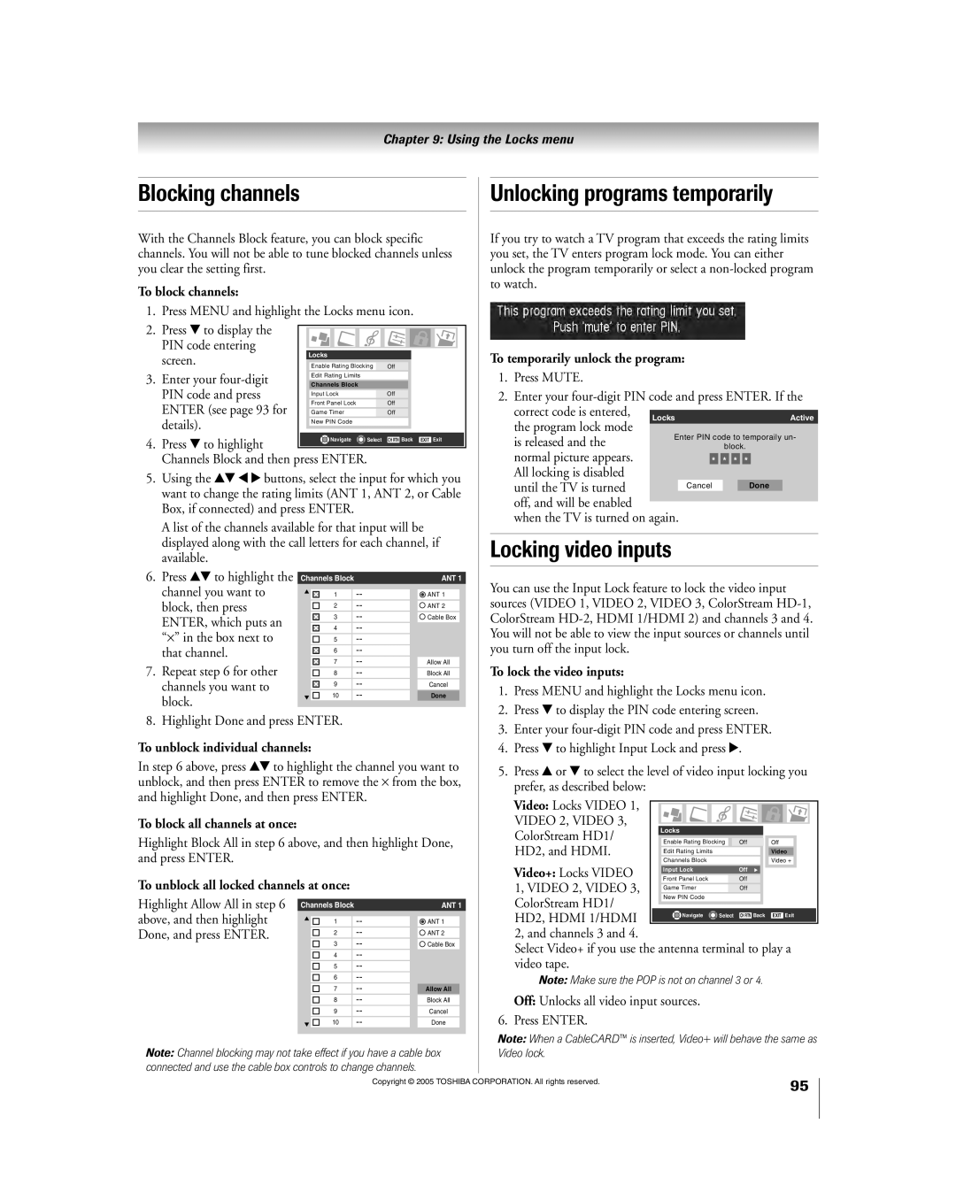 Toshiba 56HM195 owner manual Blocking channels, Unlocking programs temporarily, Locking video inputs 