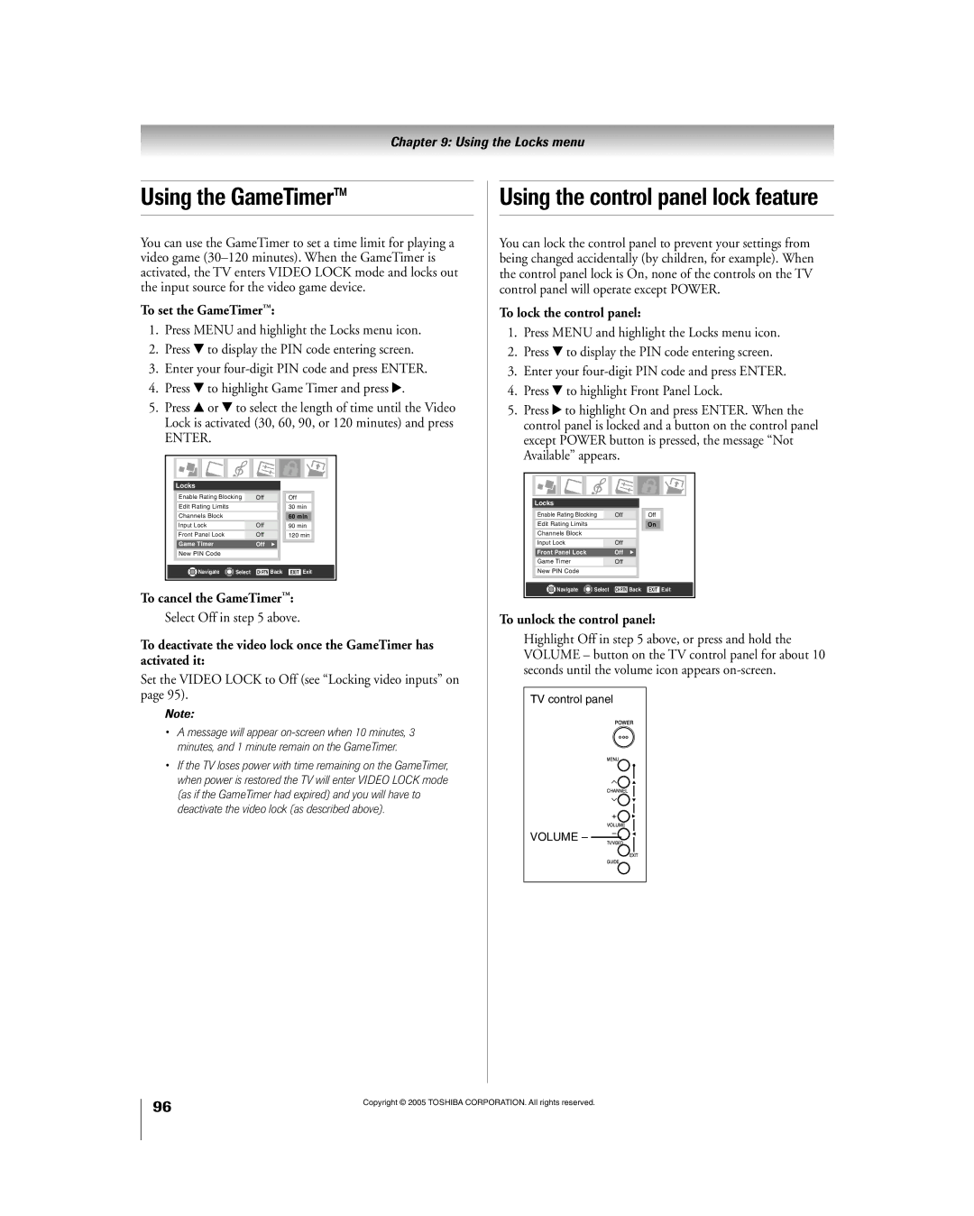 Toshiba 56HM195 owner manual Using the GameTimerª, Using the control panel lock feature 