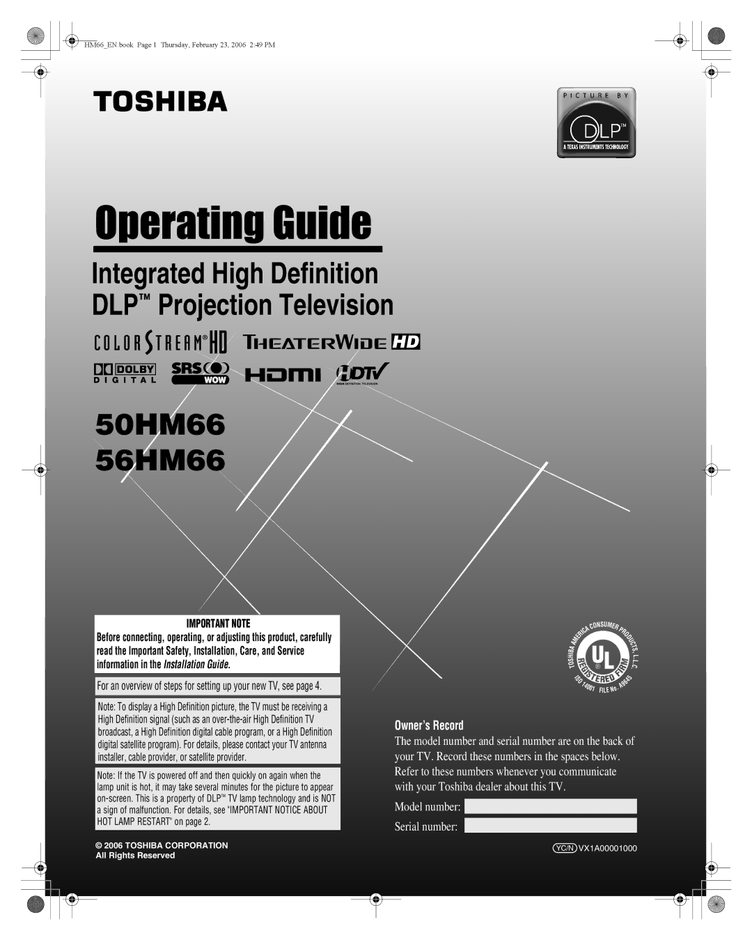 Toshiba manual 50HM66 56HM66 