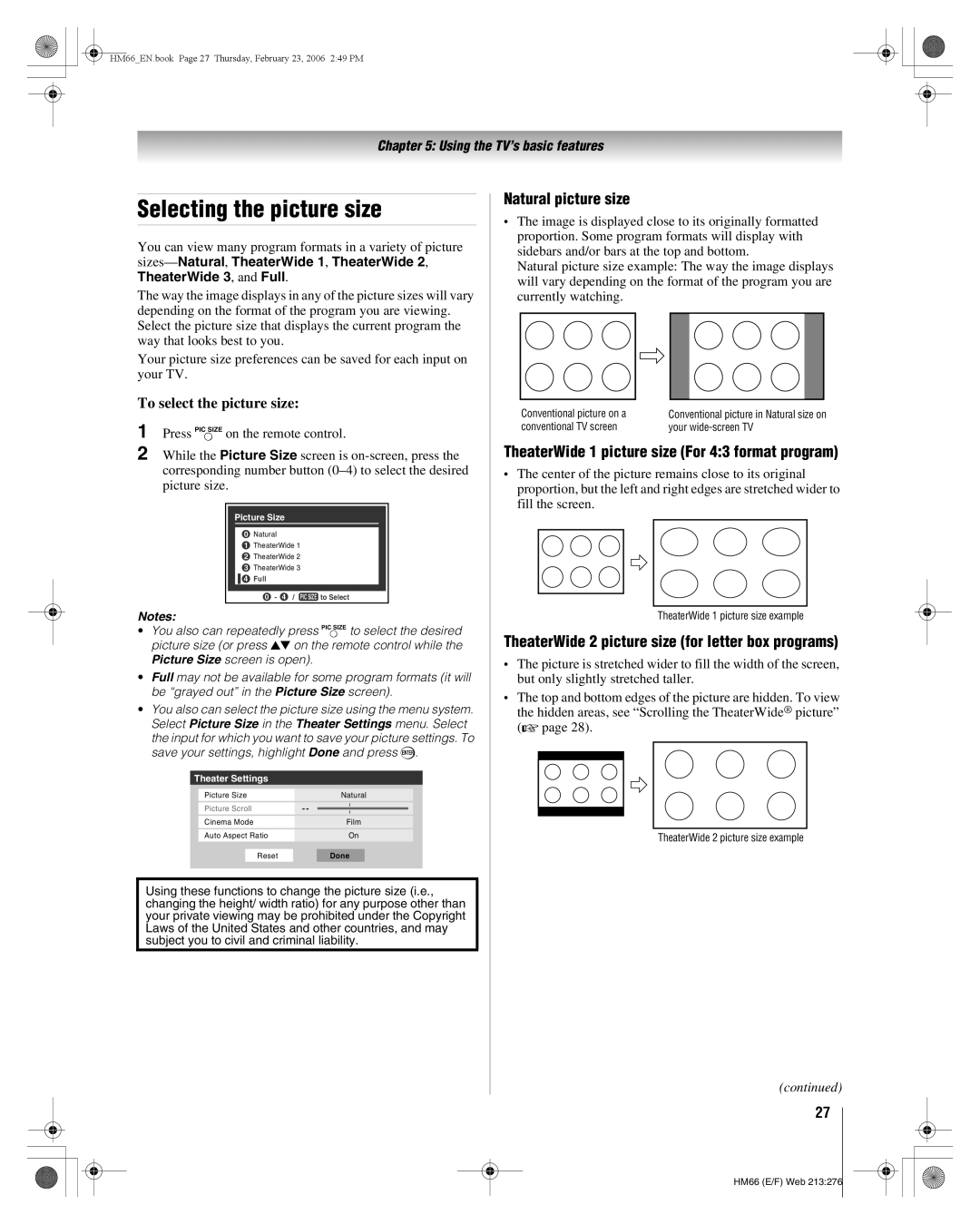 Toshiba 50HM66, 56HM66 manual Selecting the picture size, To select the picture size, Natural picture size 